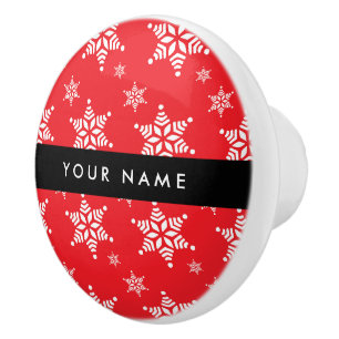 Weiße Schneeflocken, Rot, Ihr Name, Personalisiere Keramikknauf