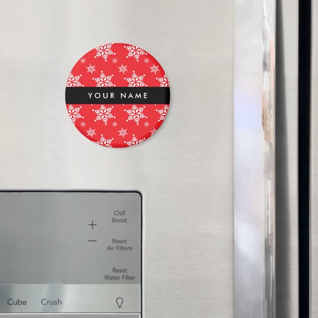 Weiße Schneeflocken, Rot, Ihr Name, Personalisiere Magnet (In Situ (Kühlschrank))