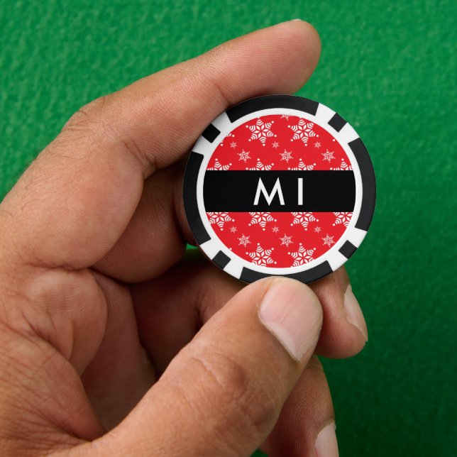 Weiße Schneeflocken, Rot, Ihr Name, Personalisiere Pokerchips (Hand)