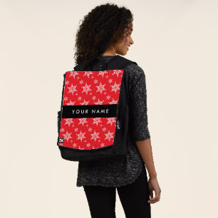 Weiße Schneeflocken, Rot, Ihr Name, Personalisiere Rucksack