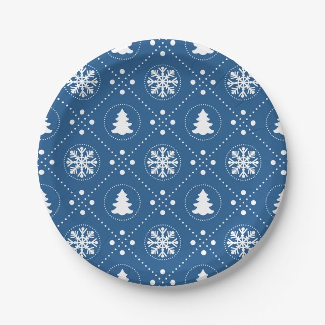 Weiße Schneeflocken Weihnachtsbaumen Blaues Design Pappteller (Vorderseite)
