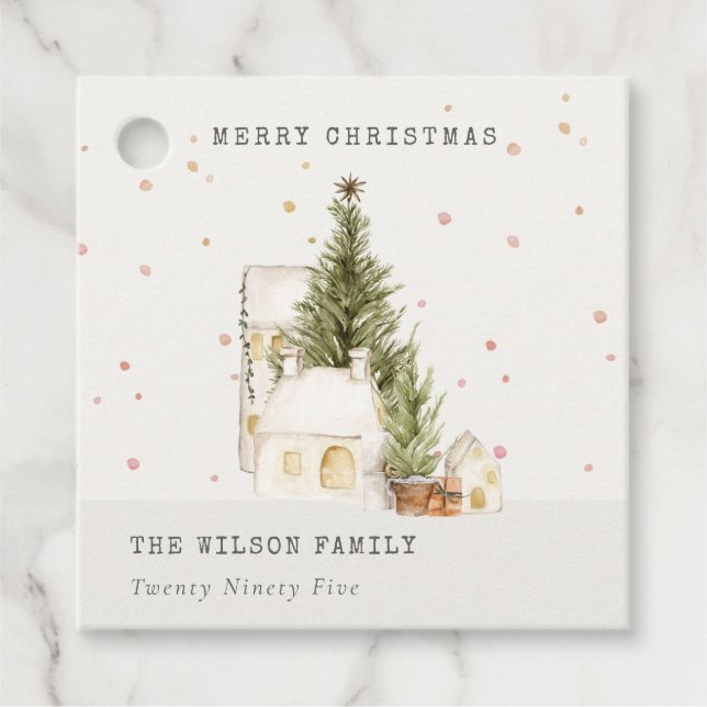 Weiße Schneehäuser Foto Weihnachtsgrüße Geschenkanhänger (Vorderseite)