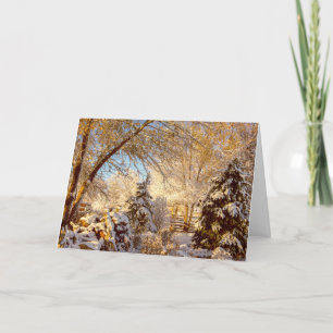 Weiße Schneekarten und goldene Sonnenlicht-Feierta Feiertagskarte