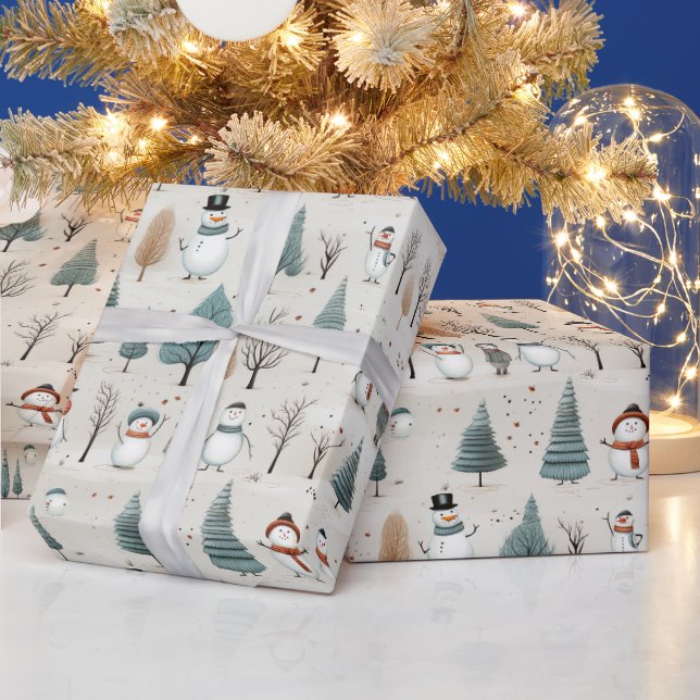 Weiße Schneemänner und Weihnachtsbaumen Geschenkpapier (Feiertage)