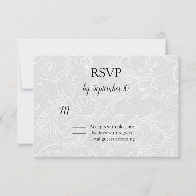 Weiße Schnörkel Hochzeit RSVP Karte (Vorderseite)