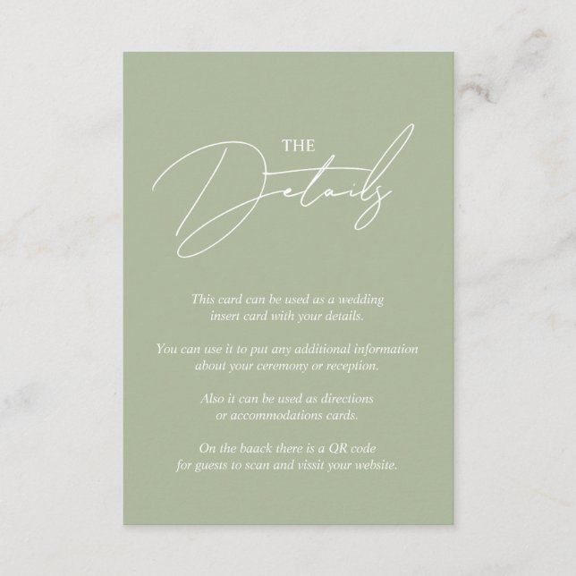 Weiße Schrift Kalligrafie sage grüne QR Hochzeit Begleitkarte (Vorderseite)