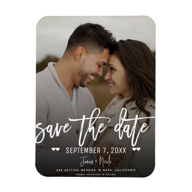 Weiße Schrift Save the Date Hochzeitsfoto mit mela Magnet (Vertikal)