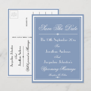 Weiße Schrift Staublaues Hochzeits Save The Date Einladungspostkarte