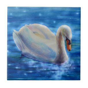 Weiße Schwan Aquarellmalerei, Wasservögel, Vögel Fliese