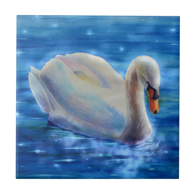 Weiße Schwan Aquarellmalerei, Wasservögel, Vögel Fliese (Vorderseite)