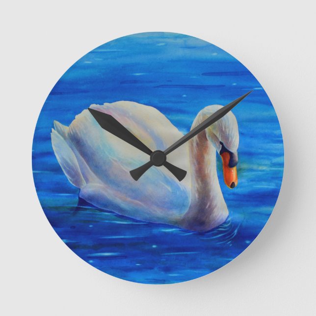 Weiße Schwan Aquarellmalerei, Wasservögel, Vögel Runde Wanduhr (Vorderseite)