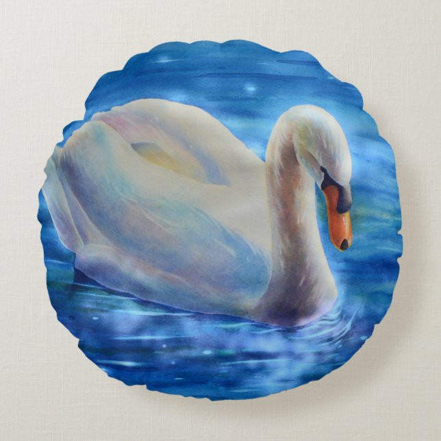 Weiße Schwan Aquarellmalerei, Wasservögel, Vögel Rundes Kissen (Vorderseite)