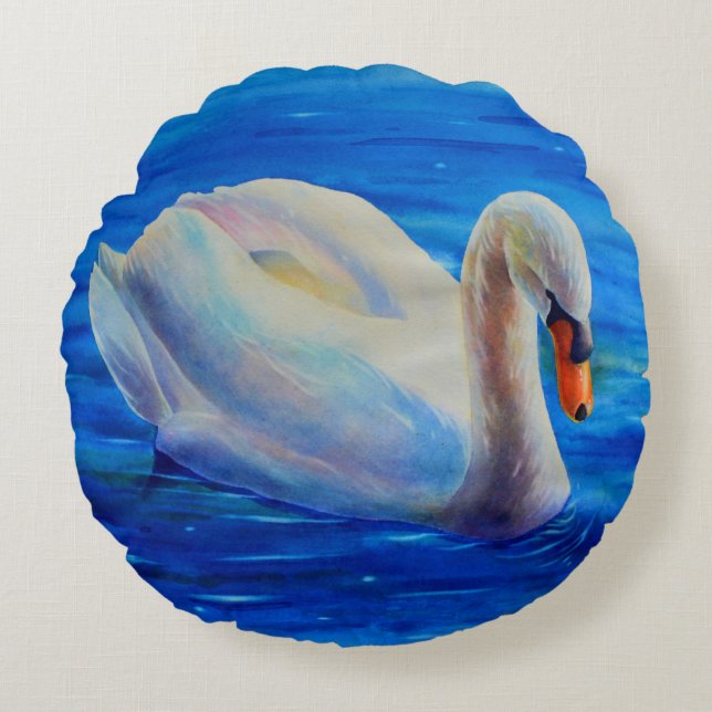 Weiße Schwan Aquarellmalerei, Wasservögel, Vögel Rundes Kissen (Vorderseite)