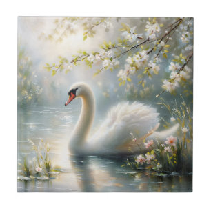Weiße Schwäne am See Blumenmalerei Fliese