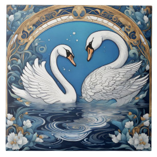 Weiße Schwäne auf dem Art Nouveau-Vogelsee Art Dec Fliese