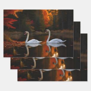 Weiße Schwäne schlängeln über den Herbstteich Geschenkpapier Set