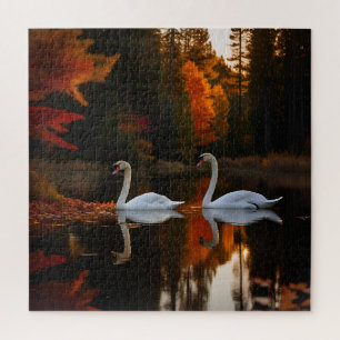 Weiße Schwäne schlängeln über den Herbstteich Puzzle