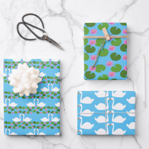 Weiße Schwäne und Wasserlilien Hochzeiten Gemuster Geschenkpapier Set
