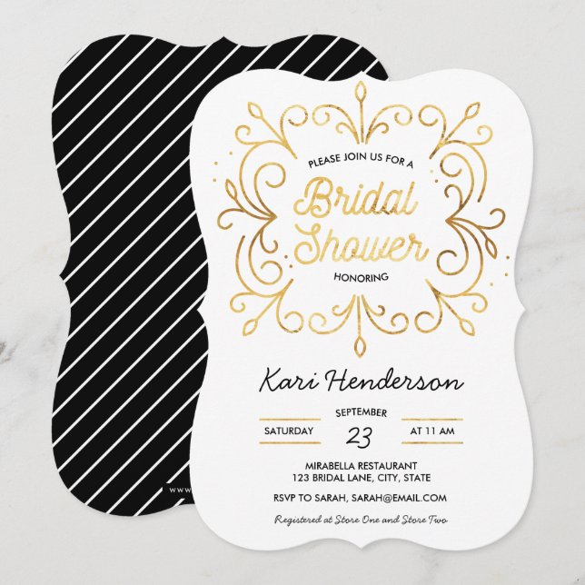 Weiße Schwarz-und Imitat-GoldBrautparty-Einladung Einladung (Vorne/Hinten)