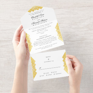 Weiße schwarze antike Goldfolie Deco Hochzeit All-in-One-Einladung