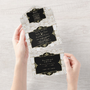 Weiße schwarze brüllende 20er Jahre Gatsby Art Dec All In One Einladung