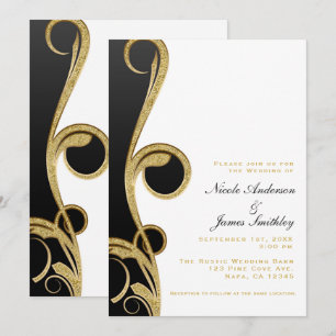 Weiße schwarze goldene elegante Swirl-Hochzeit Einladung