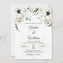 Weiße Schwarze Grüne Elegante Anemone Hochzeit Einladung