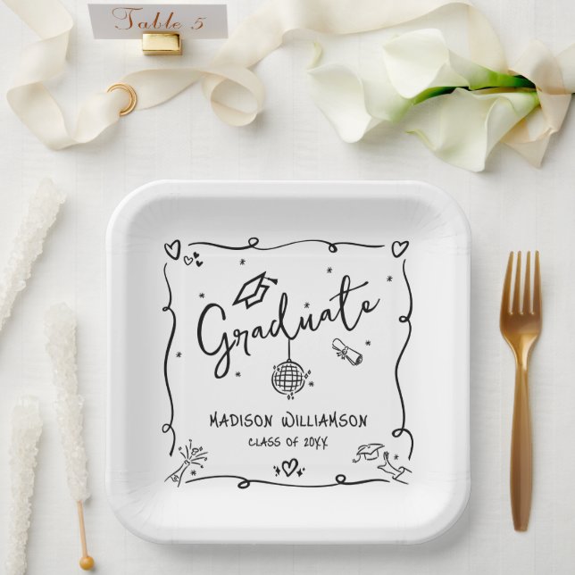 Weiße schwarze handgezeichnete Doodles-Abschlussfe Pappteller (Hochzeit)