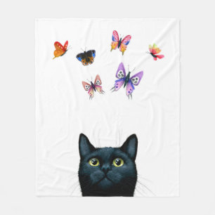 Weiße schwarze Katze 606 Schmetterlinge Fleecedecke