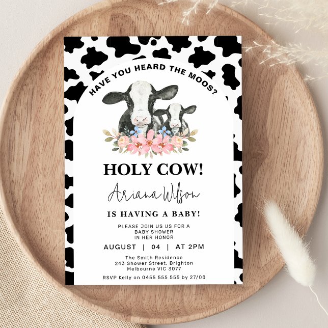 Weiße schwarze Kuh Print Floral Heilige Kuh Baby D Einladung (Cow Print Holy Cow Baby Shower Invitation,  Black White Cow Print, Floral Holy Cow Baby Shower )