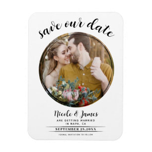 Weiße & schwarze moderne runde Foto-Save-the-Date Magnet