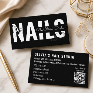 Weiße schwarze QR-Code-Schrift Line-Art-Nagelsalon Visitenkarte