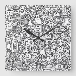 "Weiße schwarze und weiße Doodle-Uhr Quadratische Wanduhr