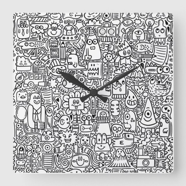 "Weiße schwarze und weiße Doodle-Uhr Quadratische Wanduhr (Vorderseite)