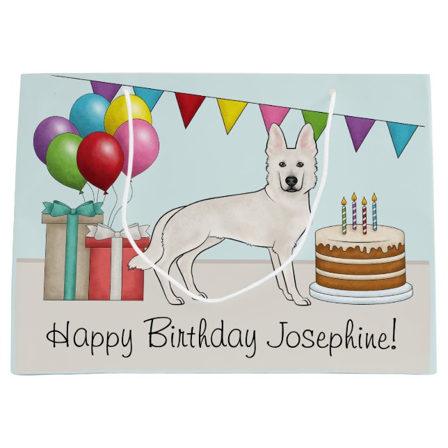 Weiße Schweizer Schäferhund Hund farbenfroh Geburt Große Geschenktüte (Vorderseite)