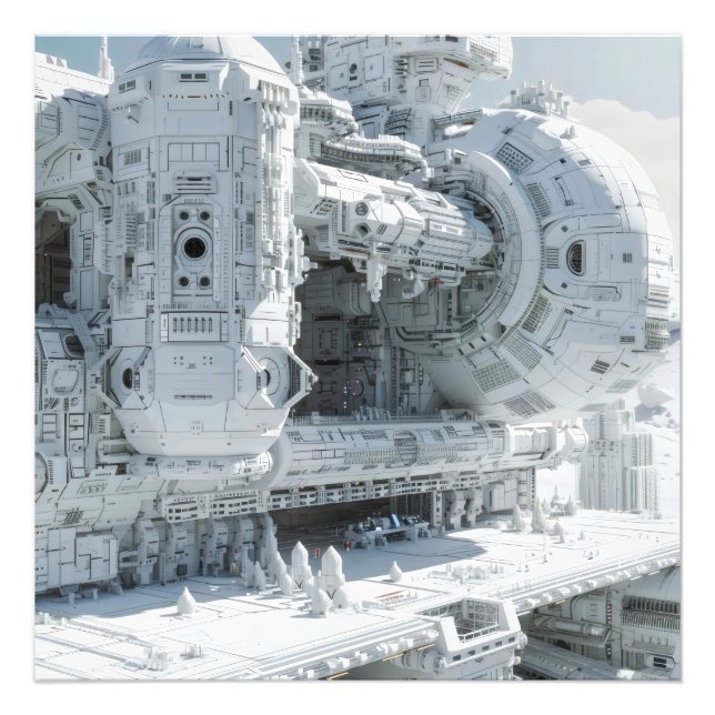 Weiße SciFi-Weltraumbasis Fotodruck (Vorne)