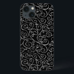Weiße Scrollbahnen auf schwarz iPhone 13 Hülle<br><div class="desc">Handgemalte,  weiße Kurven treffen sich und divergieren in diesem vielseitigen Wiederholdesign auf schwarzem Hintergrund. Das stilvolle Gemälde ist frei fließend und dekorativ. Aquarellmalerei,  gescannt,  digital verbessert. Copyright © 2014 Claire E. Skinner. Alle Rechte vorbehalten.</div>