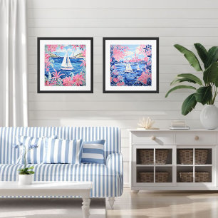 Weiße Segelboote in Aquarellfarbe Blau Rosa Poster