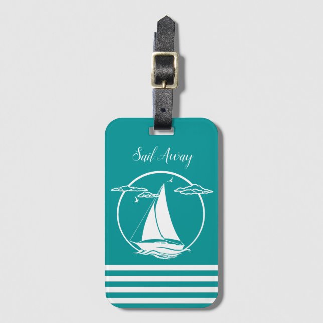 Weiße Segelboote Silhouette/Segel weg/Aqua Gepäckanhänger (Vorderseite Vertikal)