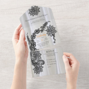 Weiße Seide mit schwarzer Spitze  All In One Einladung