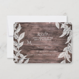 Weiße Silber Blätter Rustikaler Holz Herbst Elegan RSVP Karte