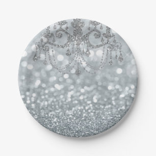 Weiße Silber Glitter Bokeh Glam Kronleuchter Funke Pappteller
