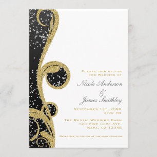 Weiße Silber Gold Schwarze Elegante Swirl-Hochzeit Einladung