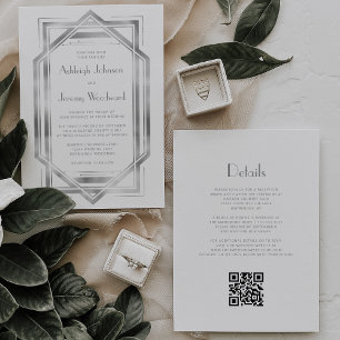 Weiße Silber Vintage 1920er Deco QR Code Hochzeit Einladung