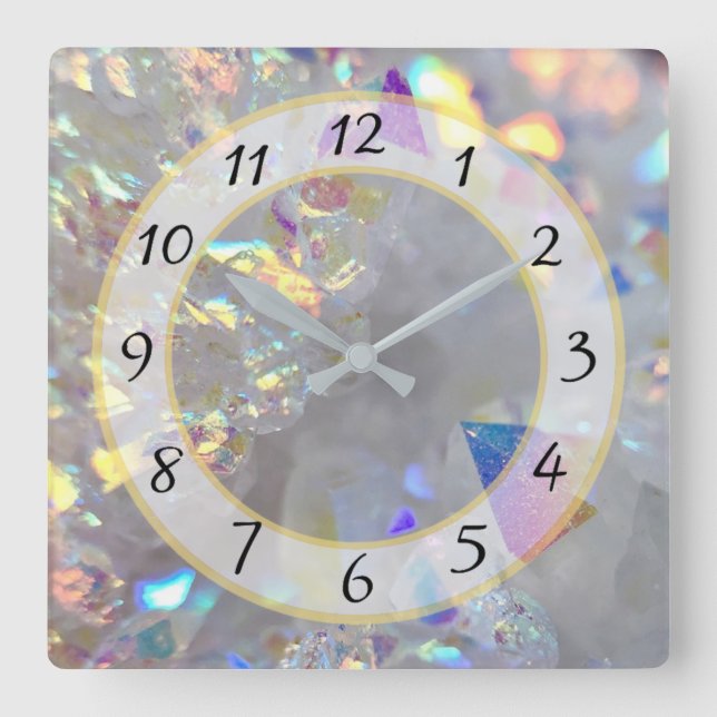 Weiße silberne Metallische Imitate Stone Gem Clock Quadratische Wanduhr (Vorderseite)