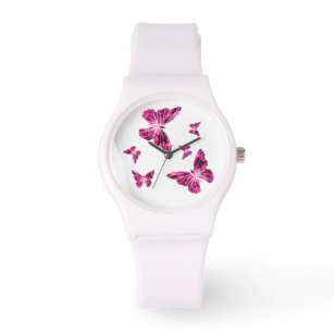 Weiße Silikon-Uhr mit rosa Schmetterlingen Armbanduhr
