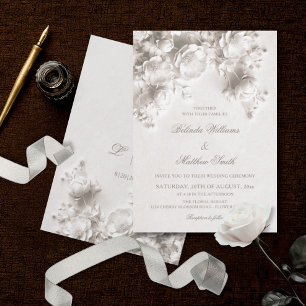 Weiße skulpturierte Blumen 3D Rosen Hochzeit Einladung