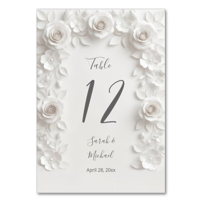 Weiße skulpturierte Blumenbogen-Hochzeit   Tischnummer (Vorderseite)