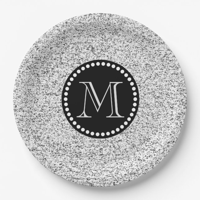 Weiße Soft mit Schwarz-Dosen-Monogramm Pappteller (Vorderseite)