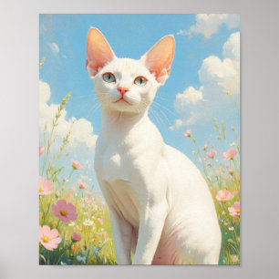 Weiße Sphinx-Katze und Blumen Poster